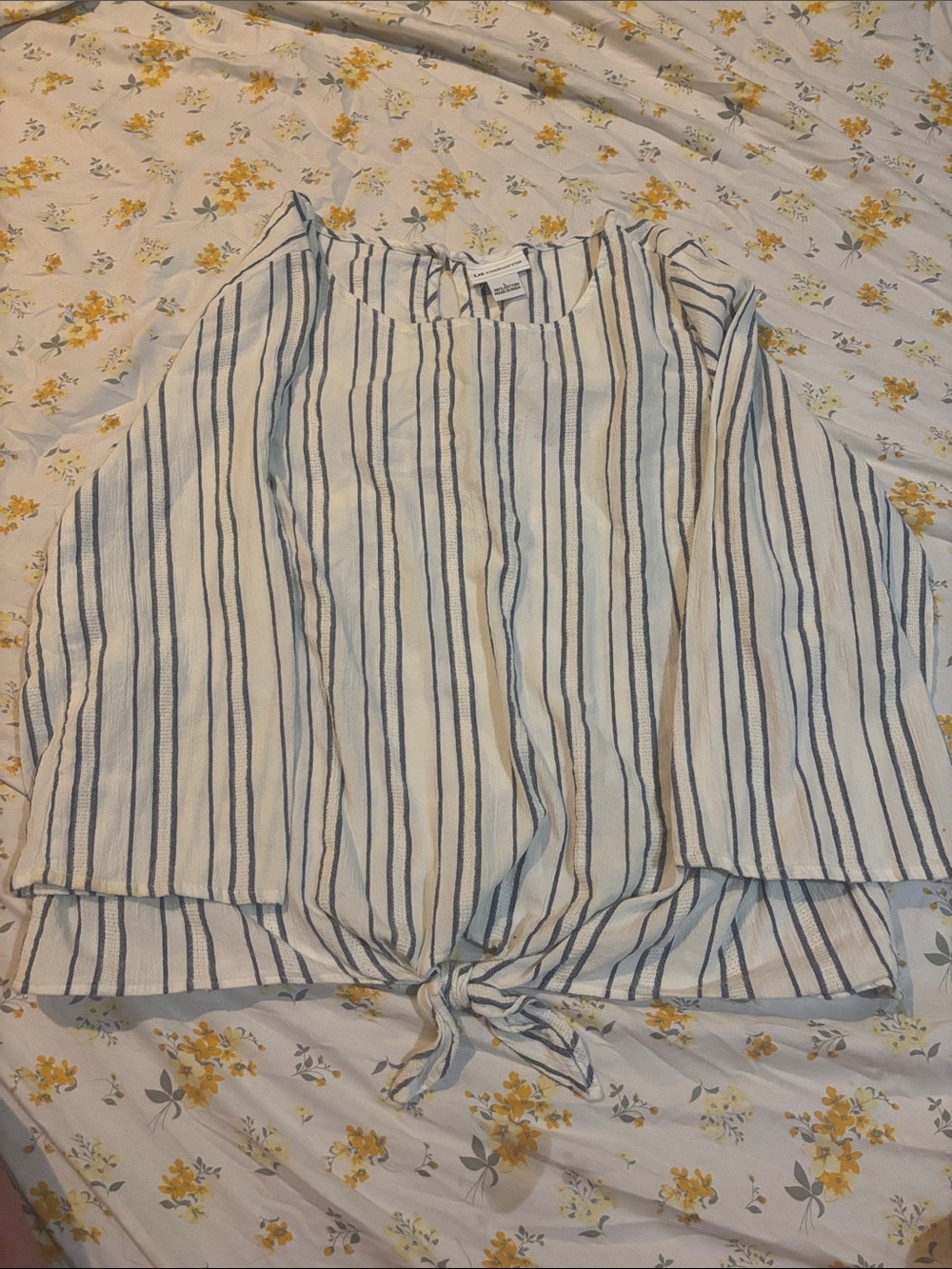 Liz Claiborne White Blouse with Blue Stripes and Front Tie